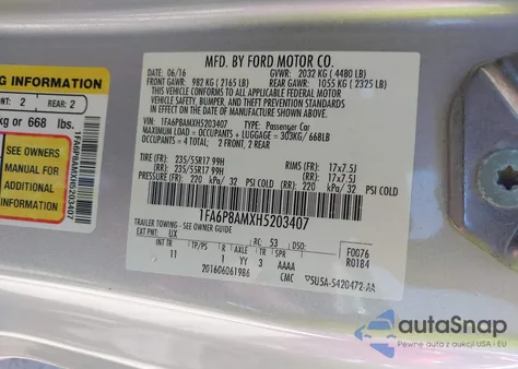 2017 Ford Mustang z USA, uszkodzony, nr VIN 1FA6P8AMXH5203407